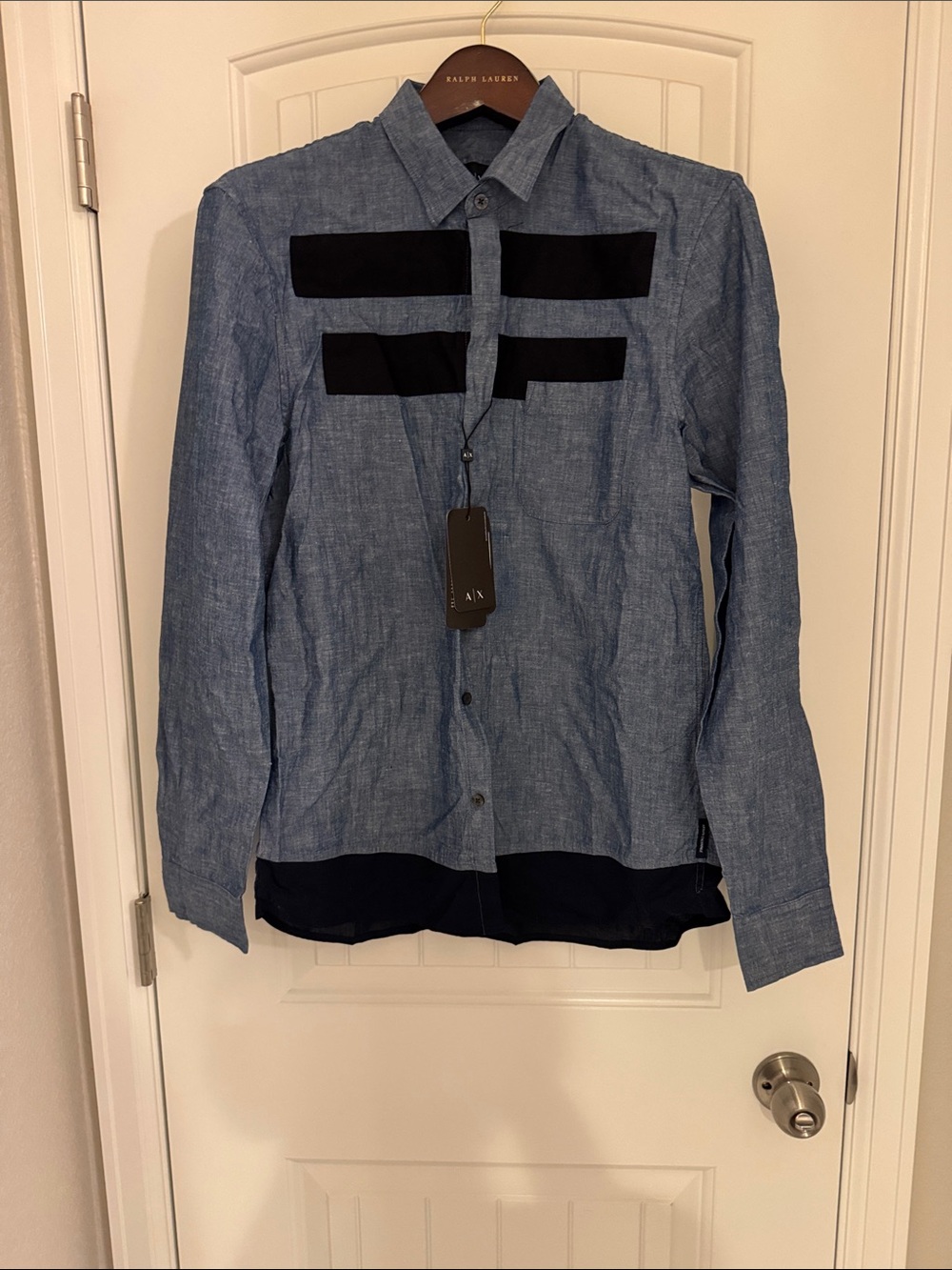 A/X Armani Exchange Blue Button-Up Shirt with Black Accent Panels